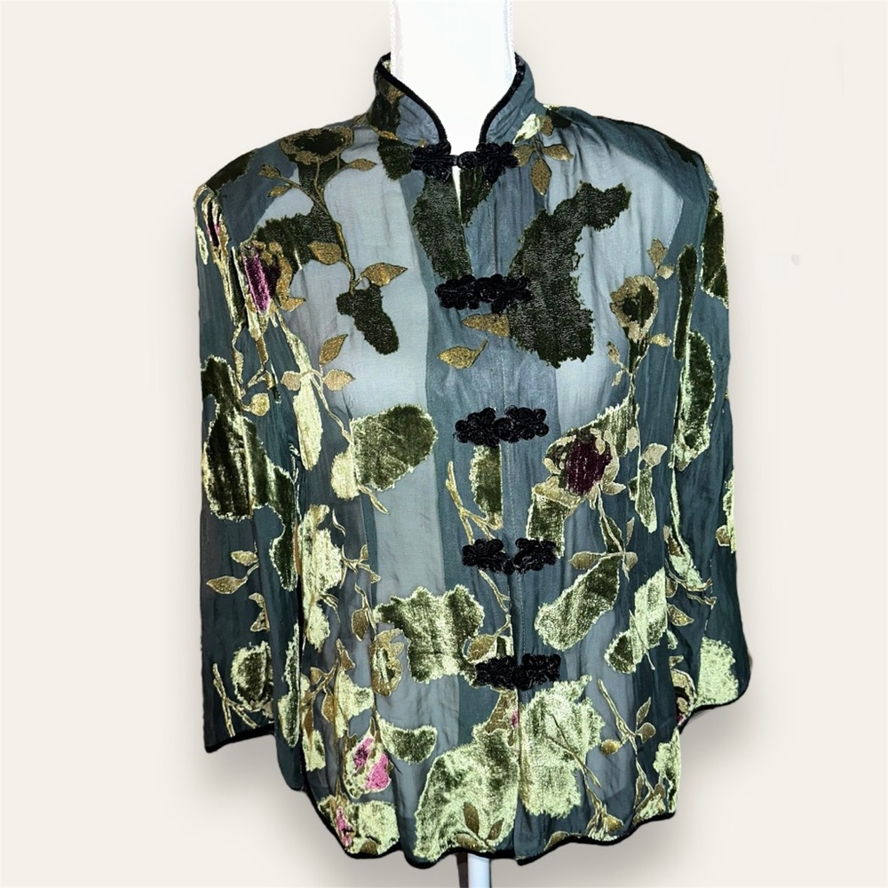 Ania A Vintage 100% Silk Velvet Sheer Frog Closure Blouse Medium